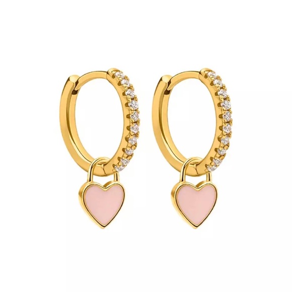 NWT Gold Pink Vintage Heart Dangle Hoop Huggie Set - Picture 1 of 3